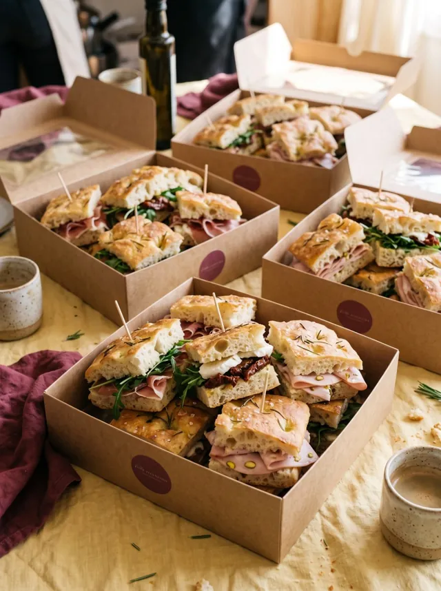 Cajas de cartón abiertas con sándwiches de focaccia con jamón, rúcula y tomates secos, sobre una mesa.
