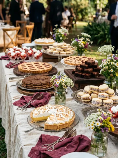 Mesa dulce al aire libre con tartas, brownies, alfajores y macarons, decorada con flores silvestres.
