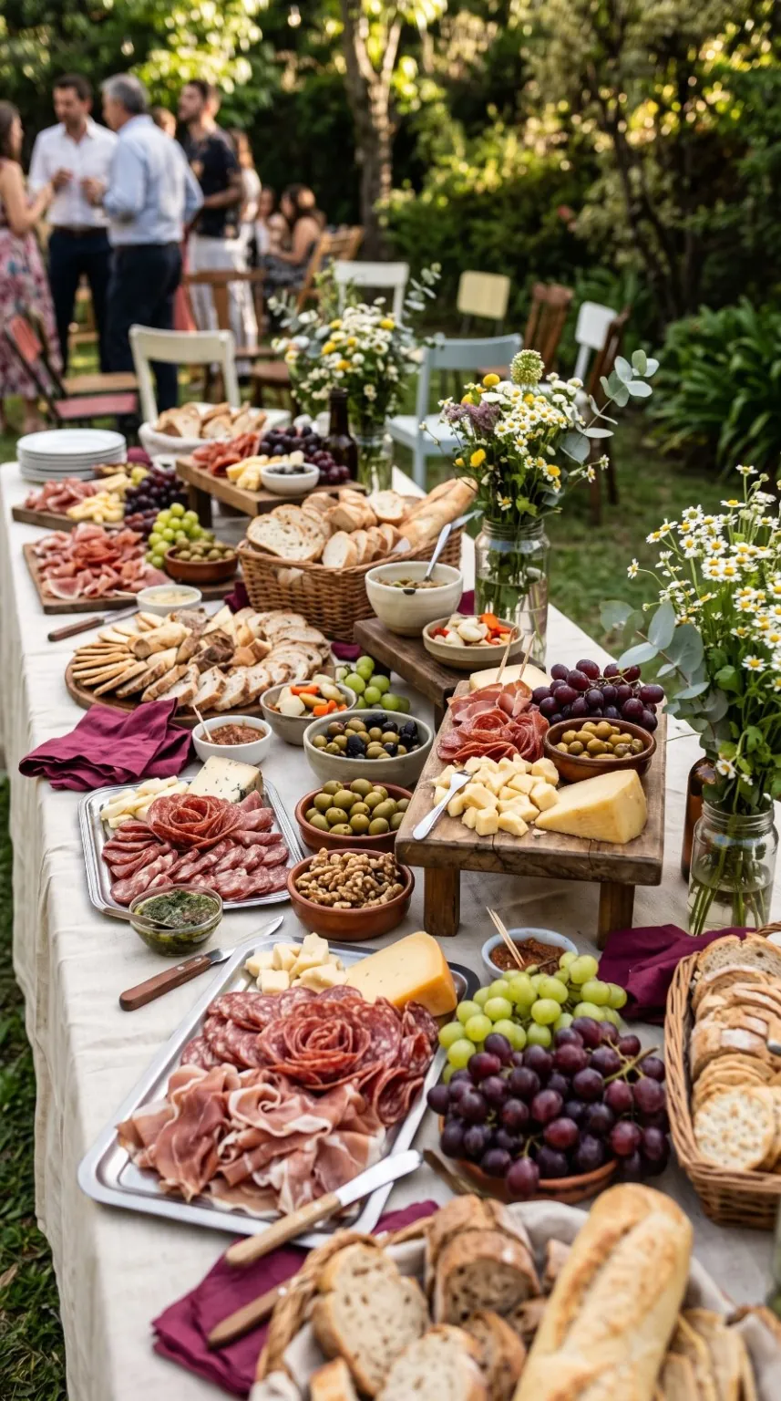 Mesa larga al aire libre con fiambres, quesos, panes, uvas y aceitunas, decorada con flores; al fondo, invitados conversando en un jardín.