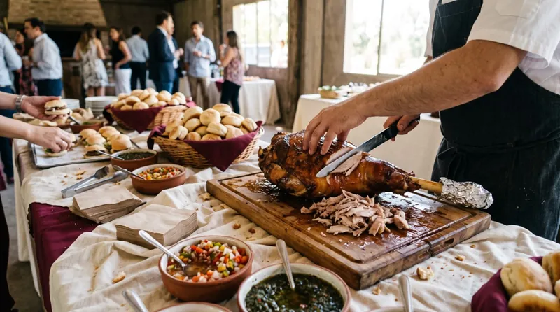 Personal del servicio corta carne sobre una tabla de madera, junto a panes y salsas; al fondo, invitados conversando.