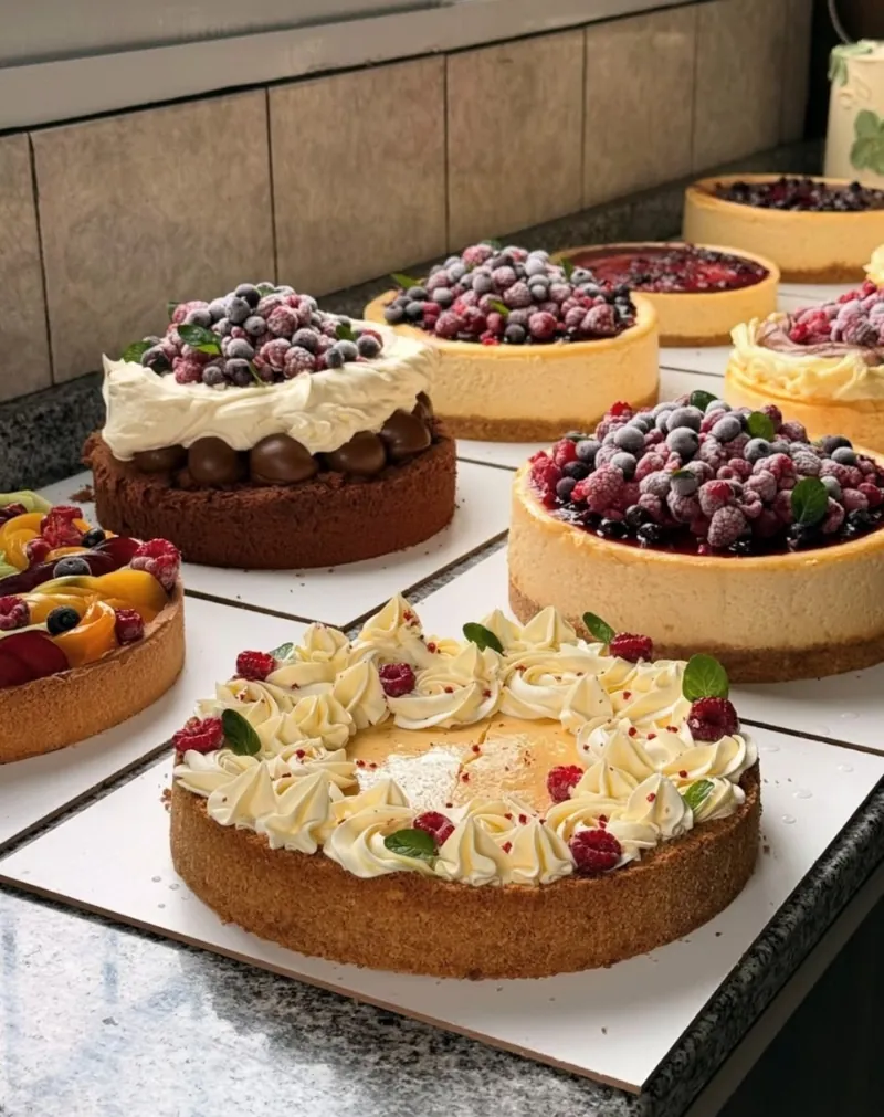 Tartas decoradas con crema, frutos rojos y frutas, apoyadas sobre una mesada.